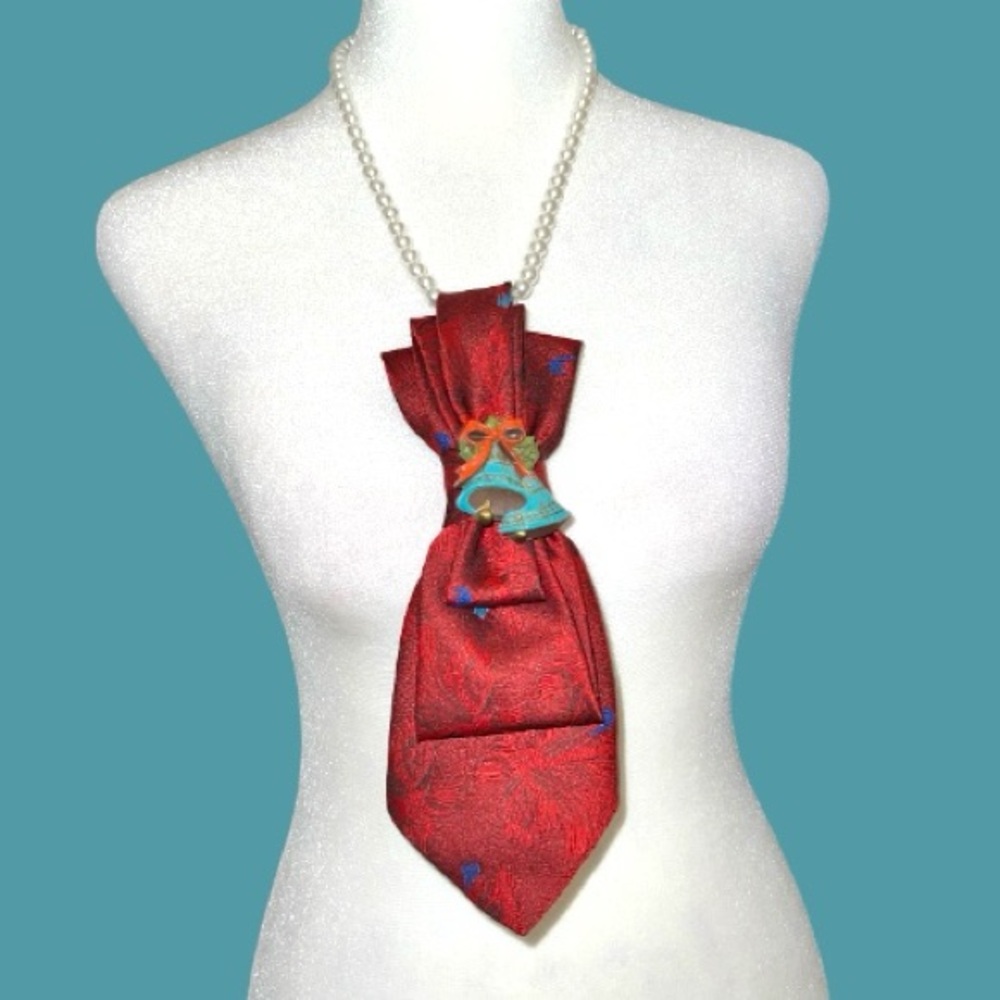“Dainty Dapper” festive Red Patterned Tie necklace with Blue Accents and bells